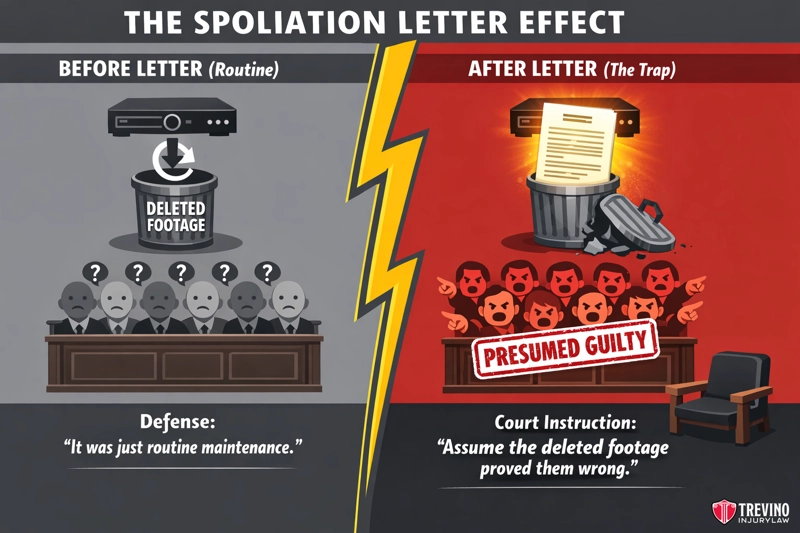 What Is a Spoliation Letter and When Must It Be Sent. Split image titled "The Spoliation Letter Effect." Left side: grayscale, shows a judge and defense with deleted footage labeled as "routine maintenance." Right side: red-toned, shows angered faces, a judge, and trash with court presuming guilt for deleted footage.