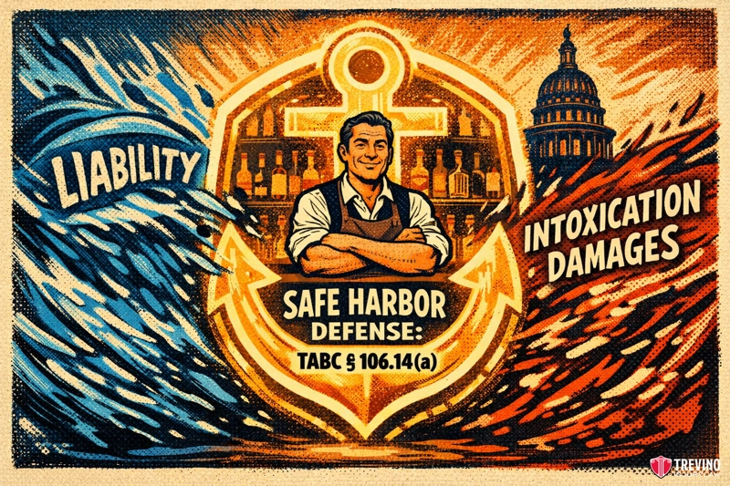 What Is the Safe Harbor Defense in Texas Dram Shop Law. A confident bartender stands between blue waves labeled “LIABILITY” and red flames labeled “INTOXICATION DAMAGES,” with the Texas Capitol behind him. In front, bold text reads: “SAFE HARBOR DEFENSE: TABC § 106.14(a).” The image resembles a vintage poster.