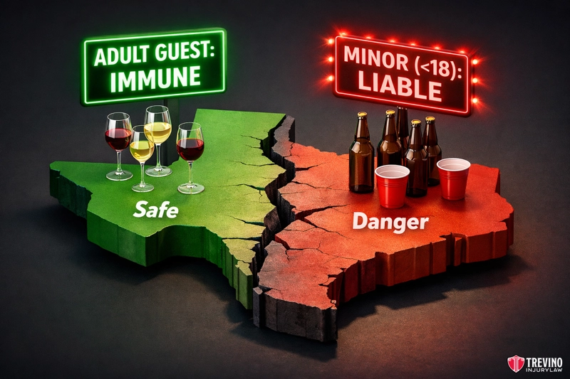 What Is the Social Host Liability Rule Under Texas Law. A cracked map of Texas is split into two sections: green "Safe" with wine glasses, labeled "Adult Guest: Immune," and red "Danger" with beer bottles and red cups, labeled "Minor (