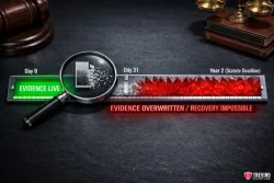 What Is the Statute of Limitations on a Dram Shop in Texas. A timeline graphic shows digital evidence turning from green (EVIDENCE LIVE) at Day 0, through gradual data loss at Day 31, to red blocks labeled “EVIDENCE OVERWRITTEN / RECOVERY IMPOSSIBLE” by Year 2. A magnifying glass highlights data loss.