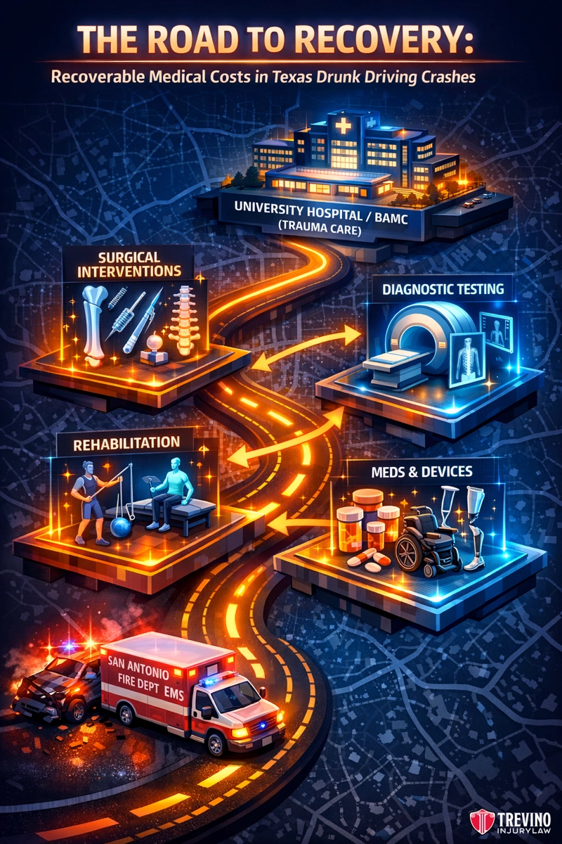 What Medical Costs Are Recoverable in Texas Drunk-Driving Claims. Illustrated map shows a winding recovery road with icons: ambulance, hospital, surgery, diagnostics, rehab, and medication, depicting stages of recoverable medical costs after Texas drunk driving crashes. Title and medical symbols enhance the healthcare theme.