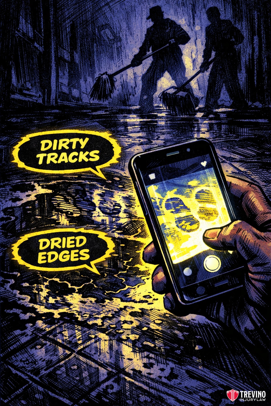 What Physical Evidence Must Be Documented Before Leaving the Scene? A hand holds a smartphone, its camera revealing glowing footprints on a dimly lit floor. Two workers with mops clean in the background. Comic-style yellow captions read, "DIRTY TRACKS" and "DRIED EDGES." The scene is rendered in dramatic shadows.