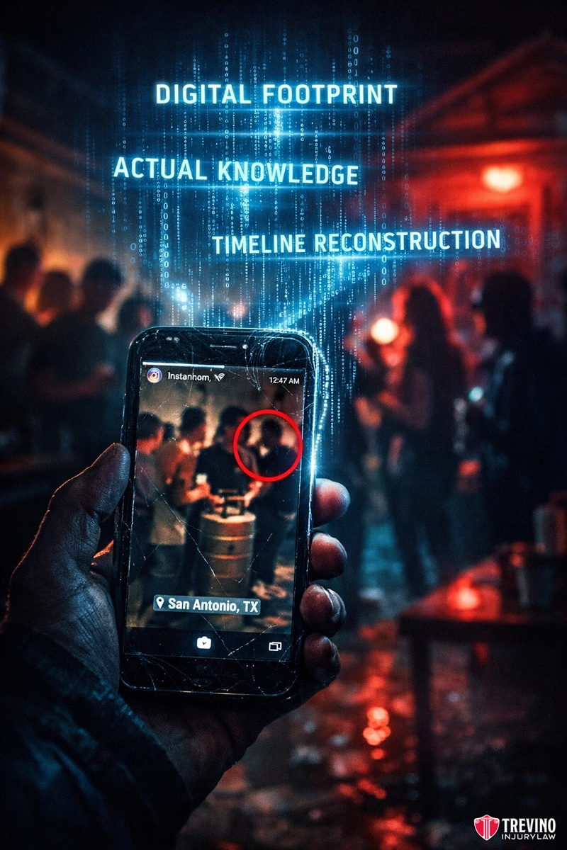 What Proof Is Needed to Hold a Social Host Liable in Texas. A hand holds a smartphone displaying a photo with a red circle highlighting a person at a crowded indoor party. Blue digital text above reads: "DIGITAL FOOTPRINT," "ACTUAL KNOWLEDGE," and "TIMELINE RECONSTRUCTION." The background is dim and hazy.