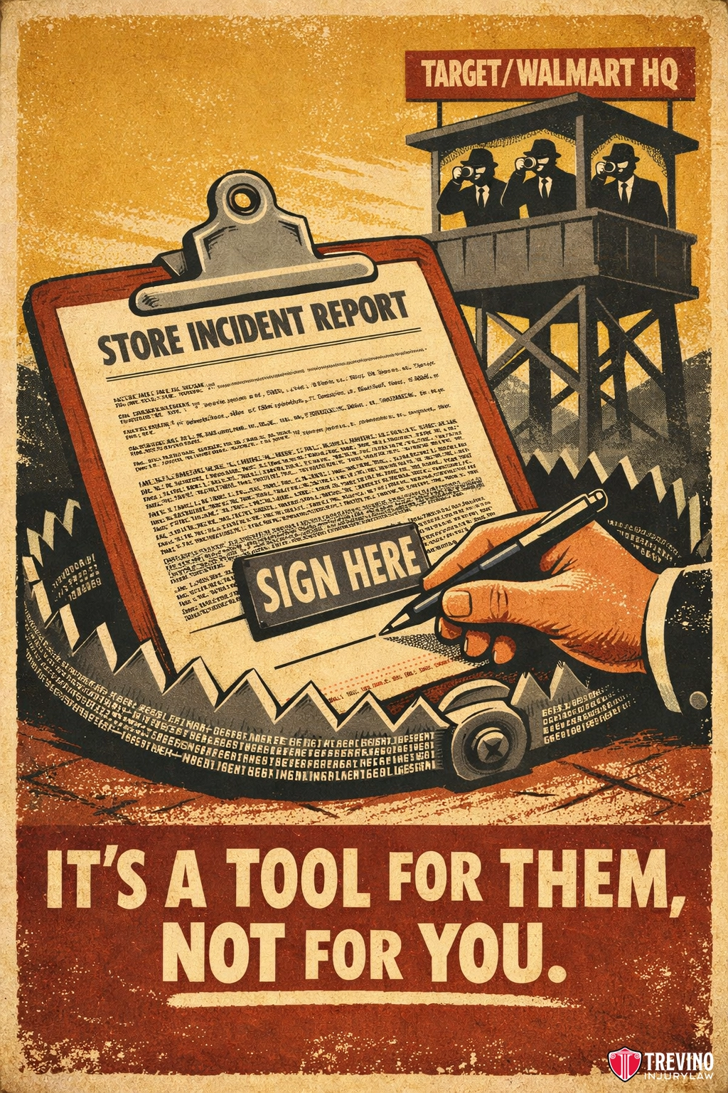 What Should You Include in the Stores Incident Report? A hand signs a “Store Incident Report” on a clipboard, which sits inside a bear trap. In the background, people watch from a “Target/Walmart HQ” tower. Text below reads: “IT’S A TOOL FOR THEM, NOT FOR YOU.” Illustration uses a vintage propaganda style.