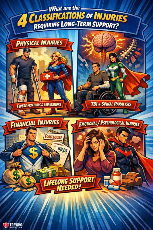 What-are-4-clasifications-of-injuries-requiring-long-term-support. Comic-style poster showing four classifications of injuries: Physical (severe fractures, amputations), Cognitive (TBI, spinal paralysis), Financial (bills, foreclosure), and Emotional (distressed woman, support needed). Superheroes offer help in each scenario.