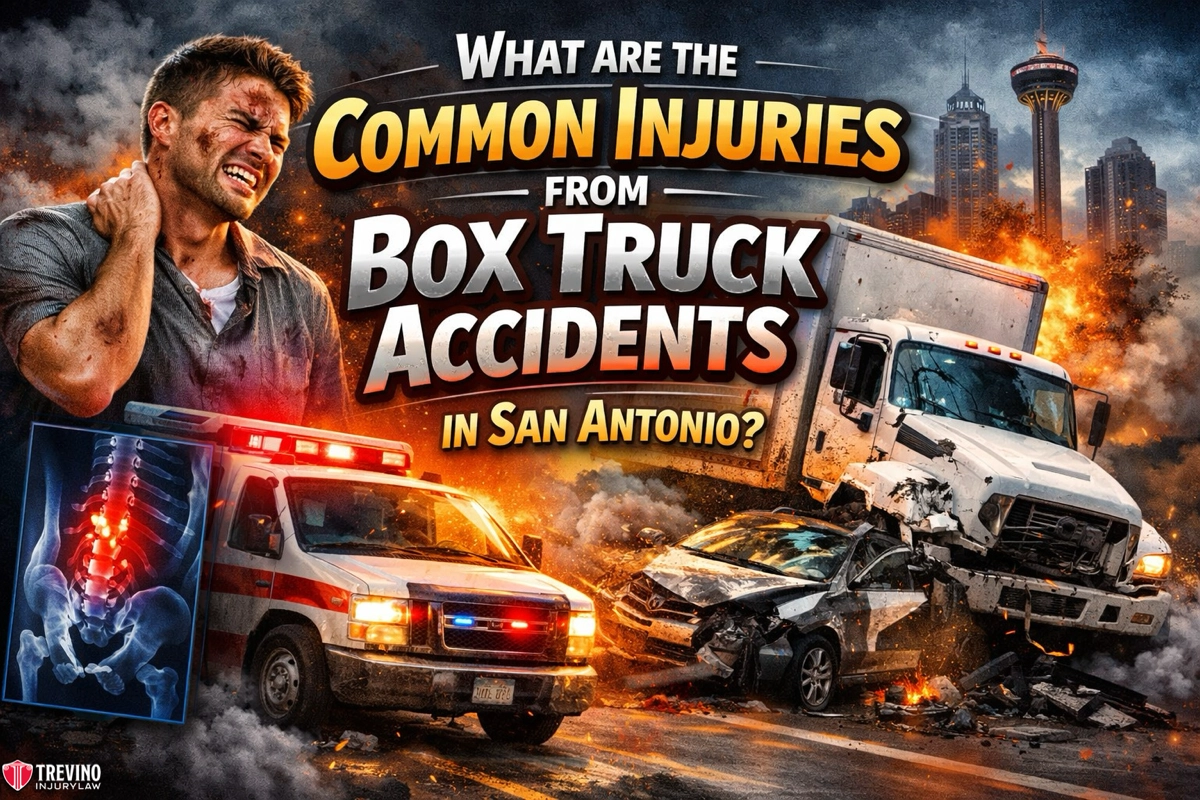 What-are-the-common-injuries-from-box-truck-accidents-in-san-antonio .A grimacing man holding his shoulder, a crashed box truck and car, an ambulance with flashing lights, an X-ray, and burning debris. Text: “What are the common injuries from box truck accidents in San Antonio?” City buildings are in the background.