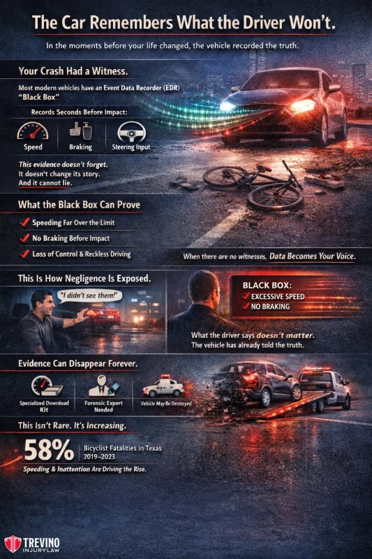 What-evidence-can-be-pulled-from-the-car. A nighttime accident scene with a damaged red car and bicycle, police and emergency lights flashing. Headline: "The Car Remembers What the Driver Won't." Explains how event data recorders hold crash data, aiding accident investigations and legal cases.