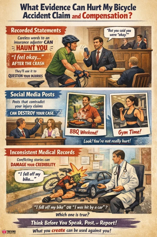 What-evidence-can-hurt-bicycle-claim. An illustrated infographic shows different scenes where a cyclist’s accident claim is undermined: recorded statements after a crash, social media posts of partying and exercising, and conflicting medical records, highlighting how these can harm compensation cases.