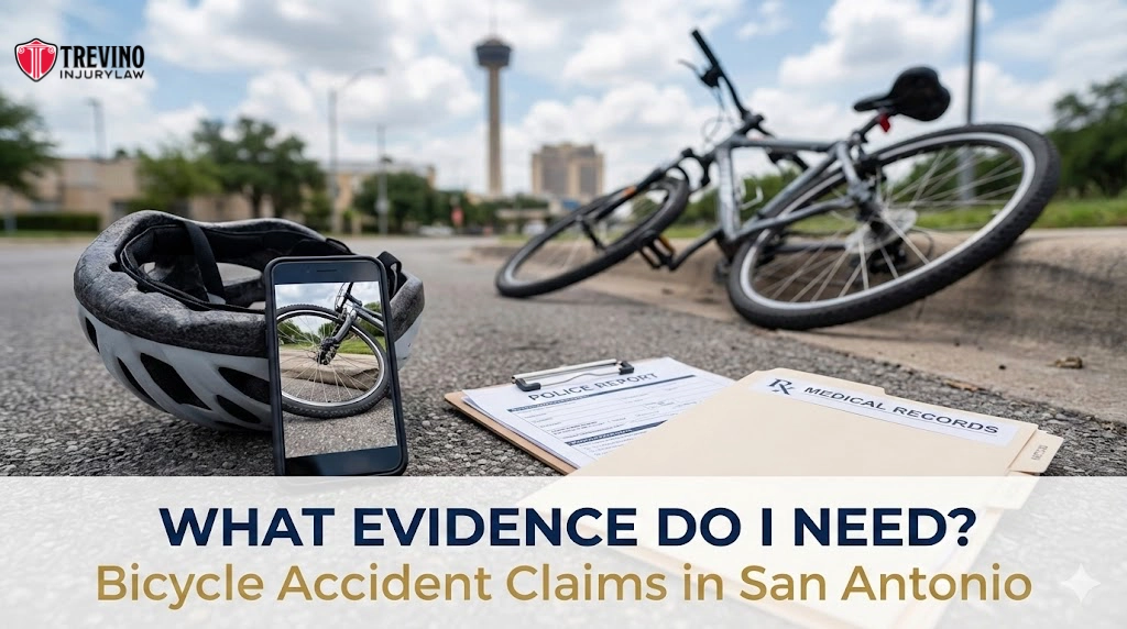 What-evidence-do-I-need-bicycle-accident-claims-in-San-antonio. A bicycle and helmet lie on the street with a phone showing a photo of the scene. Police report and medical records documents are in the foreground. In the background is a cityscape. Text reads: “WHAT EVIDENCE DO I NEED? Bicycle Accident Claims in San Antonio.”.