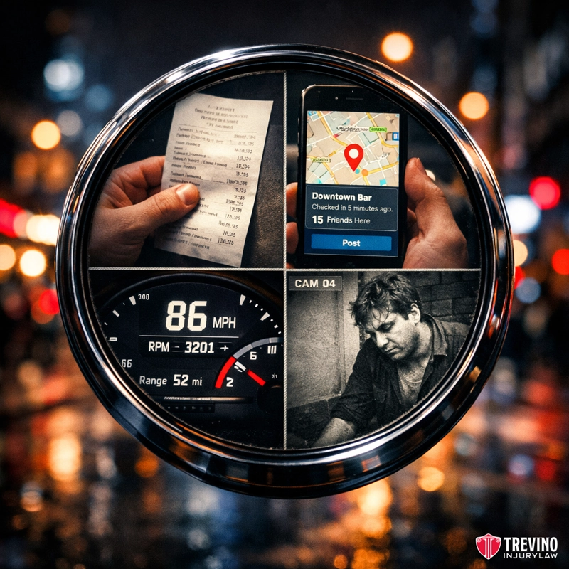 What evidence is needed to link multiple bars to a single injury? A split-image in a steering wheel frame shows: a receipt, a hand holding a phone with bar info and map, a speeding car dashboard, and a man in distress beside a police camera. Trevino Injury Law logo is at the bottom right. Night city lights blur in the background.