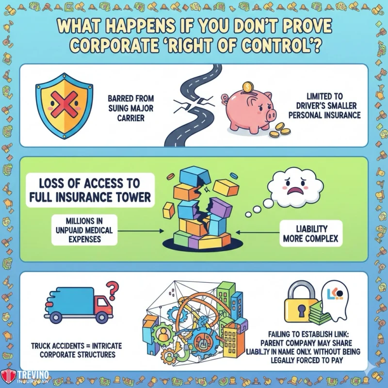 What-happens-if-you-dont-prove-corporate-right-of-control .A colorful infographic with icons explains consequences of not proving corporate ‘right of control’: barred from suing major carriers, limited to smaller insurance, loss of full insurance, complex liability, intricate truck accident lawsuits, and risk of forced parent company liability.