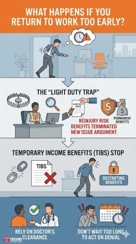 Infographic showing risks of returning to work early after injury: a worker struggles with tasks, risks reinjury, loss of benefits, and denial of claims. Suggestions: rely on doctor’s clearance and act quickly if benefits are denied. Icons illustrate key points.