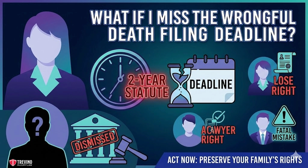 What-if-I-miss-the-wrongful-death-filing-deadline. Infographic with text: “What if I miss the wrongful death filing deadline?” Visuals include a clock, hourglass, calendar with "Deadline," “2-year statute,” icons for lawyer, dismissal, “Lose Right,” and “Fatal Mistake.” Footer: “Act now: Preserve your family’s rights.”.