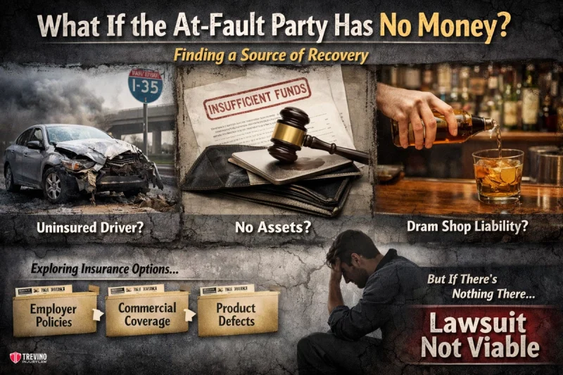 What-if-the-at-fault-party-has-no-money. A graphic asks, “What If the At-Fault Party Has No Money?” Images show a car crash, an empty wallet, and a bartender pouring alcohol. Additional sections discuss uninsured drivers, assets, dram shop liability, and when lawsuits are not viable.
