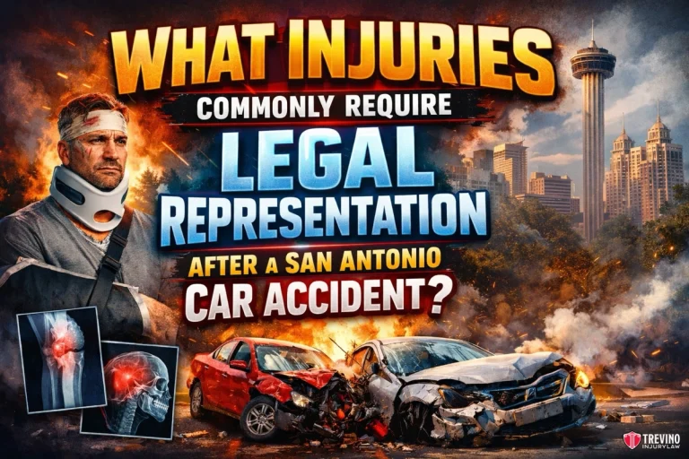 A dramatic graphic shows two crashed cars, one red and one white, with smoke rising. A man in a neck brace appears on the left. X-rays of an injured knee and shoulder are shown. The bold text reads: “What injuries commonly require legal representation after a San Antonio car accident?”.