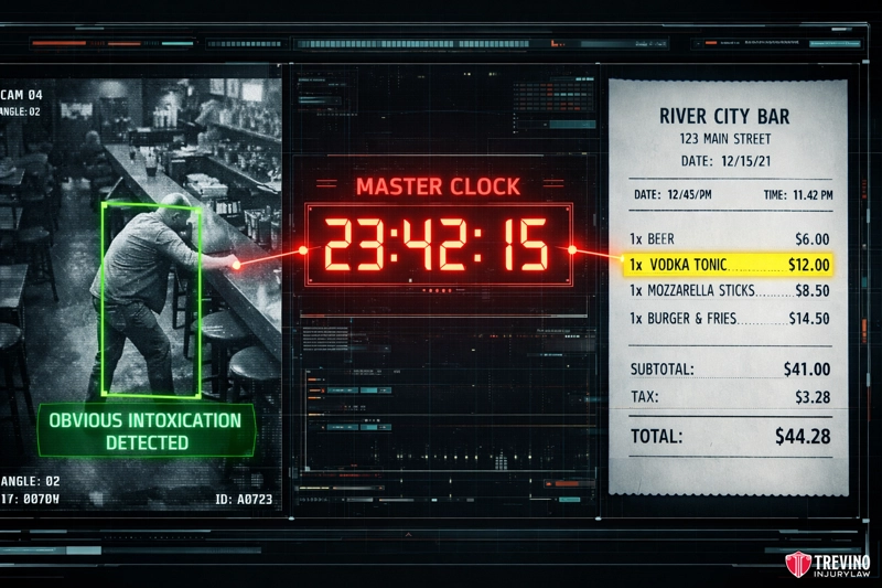 What is the Role of Surveillance Footage in Dram Shop Timelines. A bar surveillance screen shows a man slumped over at a counter, labeled “Obvious Intoxication Detected.” A bright red “MASTER CLOCK” displays 23:42:15. A receipt lists drinks and food, including a $12 vodka tonic, totaling $44.28 at River City Bar.