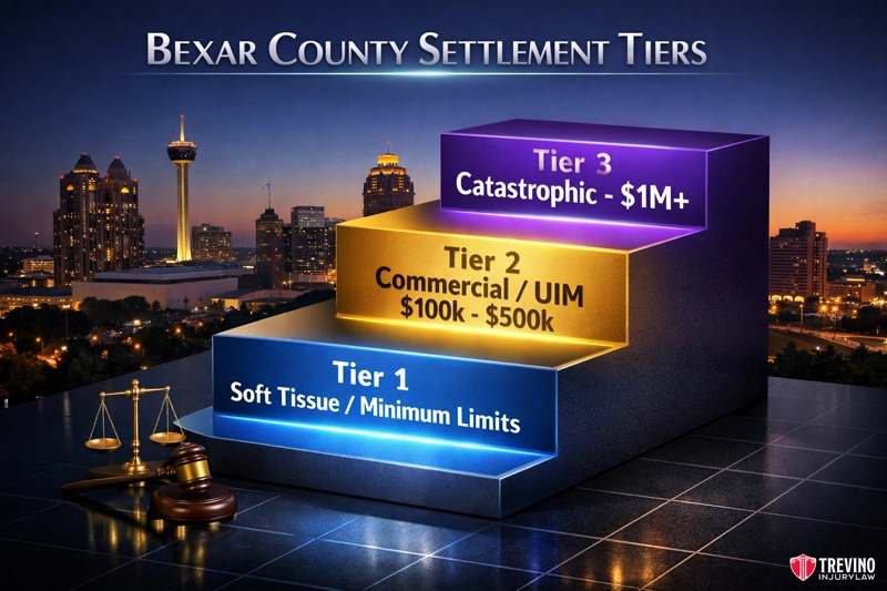 What is the average settlement for a drunk driving accident in San Antonio. A graphic shows three settlement tiers as glowing steps: Tier 1 "Soft Tissue/Minimum Limits," Tier 2 "Commercial/UIM $100k-$500k," and Tier 3 "Catastrophic-$1M+." The background features the San Antonio skyline, a gavel, scales, and Trevino Injury Law's logo.