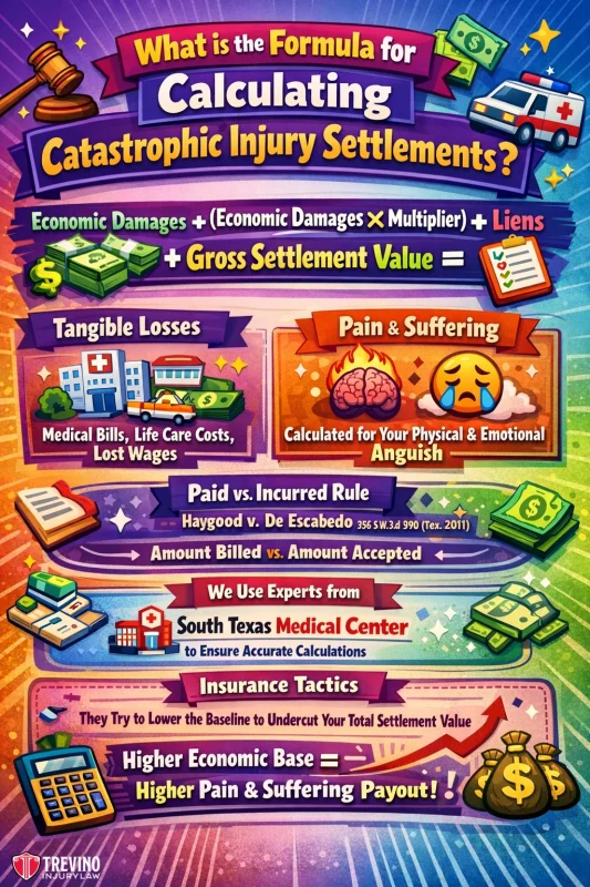 What-is-the-formula-for-calculating-catastrophic-injury-settlements. Colorful infographic titled “What is the Formula for Calculating Catastrophic Injury Settlements?” Lists economic damages, liens, and settlement formulas. Shows icons like bills, ambulance, scale, and broken heart, with sections for tangible losses, pain & suffering, and insurance tactics.