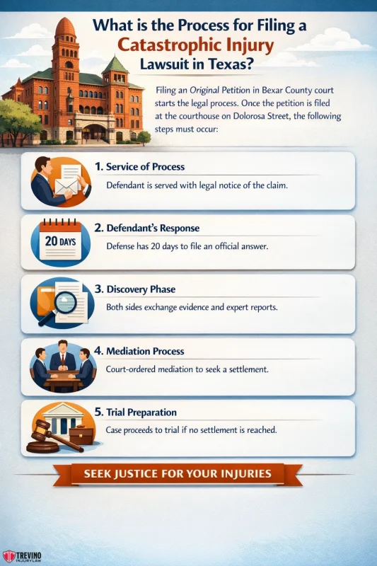 What-is-the-process-for-fillinf-a-catastrophic-injury-lawsuit-in-texas. Infographic titled "What is the Process for Filing a Catastrophic Injury Lawsuit in Texas?" with five steps, courthouse illustration, and icons: Service of process; Defendant’s response; Discovery; Mediation; Trial. Bottom text reads “Seek justice for your injuries.”.