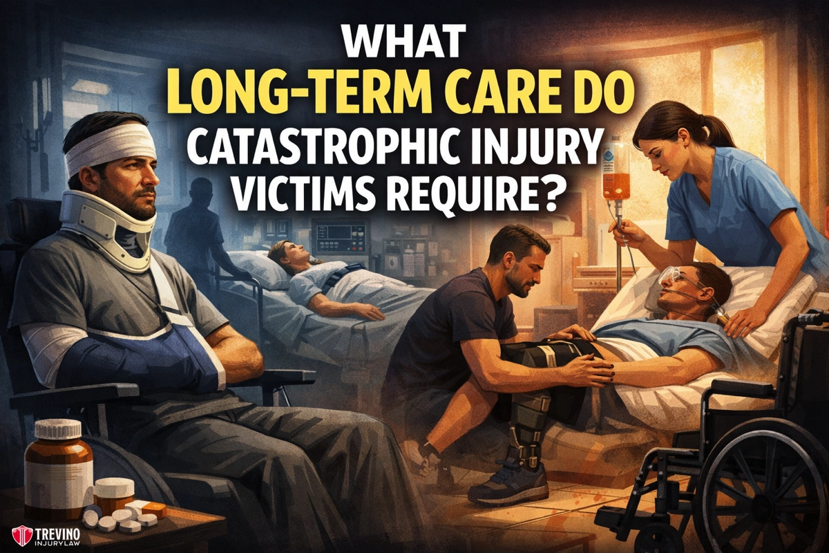 What-long-term-care-do-catastrophic-injury-victims-requirewebp. A hospital room with three injured men receiving care: one in a wheelchair with a neck brace and pills nearby, another lying in a bed, and a third being given an IV by a nurse. Large text reads, "What long-term care do catastrophic injury victims require?.