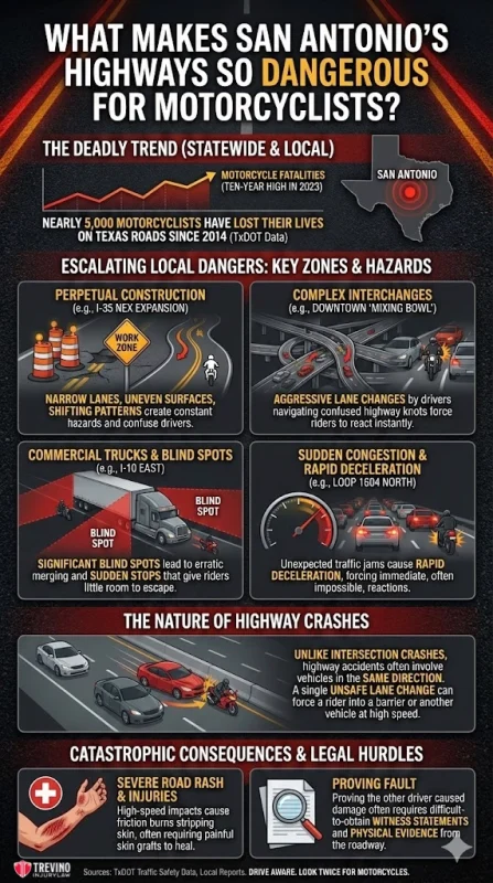 What-makes-san-antonio-highways-so-dangerous-for-motorcyclists. Infographic titled “What Makes San Antonio’s Highways So Dangerous for Motorcyclists?” shows a map, stats on motorcycle deaths, and icons illustrating hazards like merging lanes, blind spots, road debris, sudden braking, and the severe risks motorcyclists face.