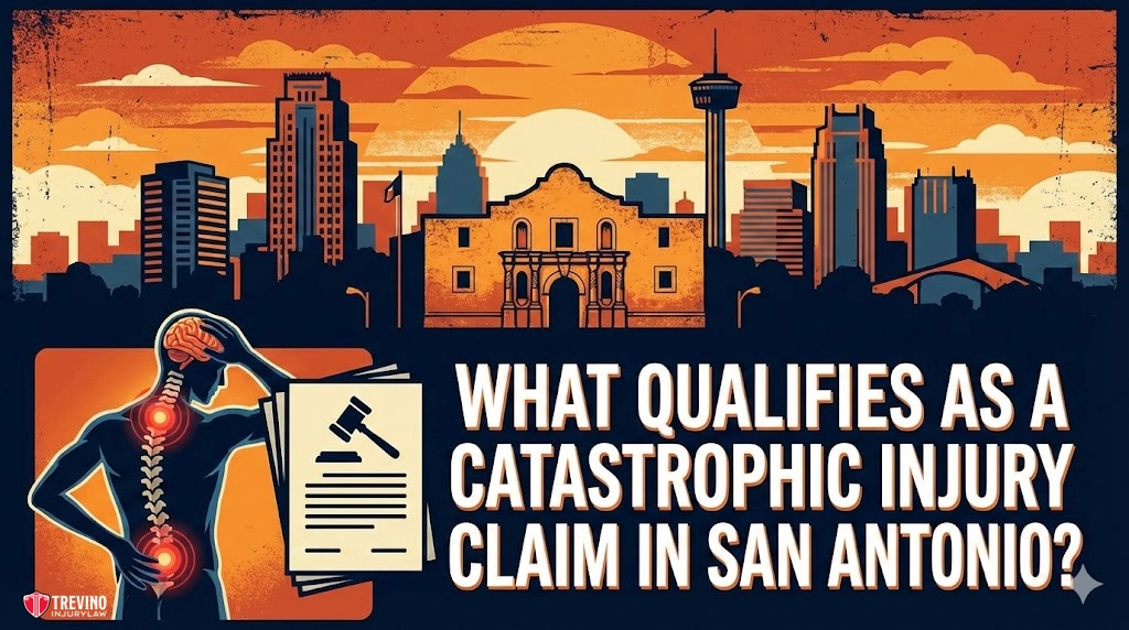 What-qualifies-as-a-catastrophic-injury-claim-in-san-antonio. An illustrated image shows the San Antonio skyline with the Alamo in front. A silhouette of a person with a glowing spine and head injury is beside legal documents and a gavel. Large text reads: “What qualifies as a catastrophic injury claim in San Antonio?”.