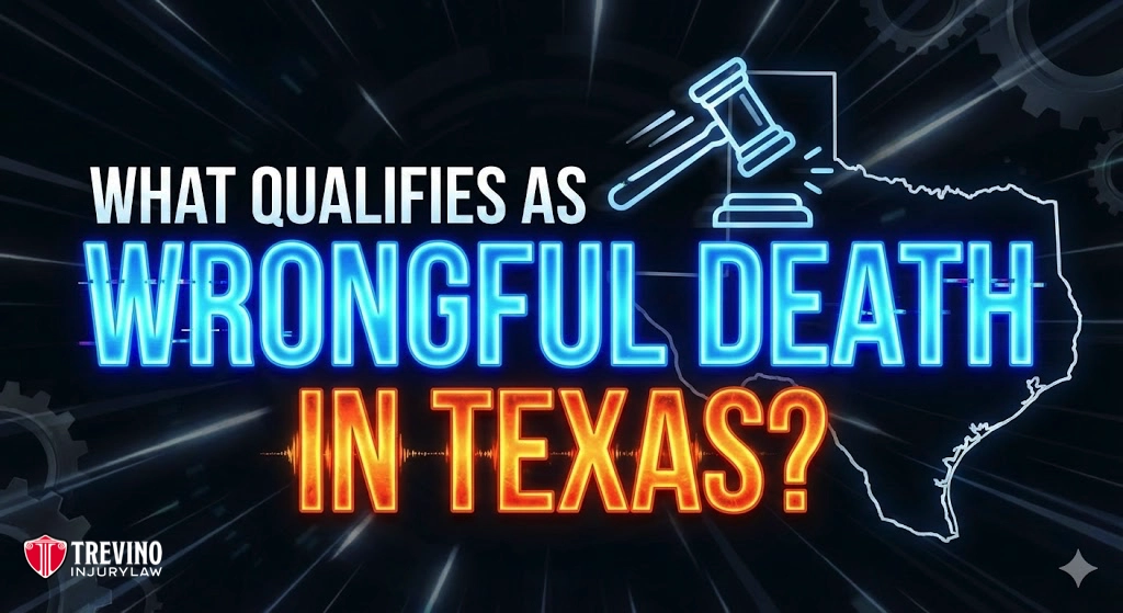 What-qualifies-as-wrongful-death-in-texas. A graphic with the text "What qualifies as wrongful death in Texas?" over a dark background with blue and orange glowing text, a gavel icon, and an outline of Texas. Trevino Injury Law’s logo is in the bottom left corner.