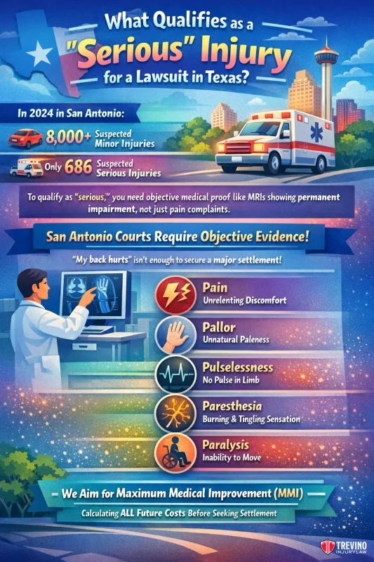 What-quialifies-as-a-serious-injury-for-a-lwsuit-in-texas. Colorful infographic titled "What Qualifies as a 'Serious' Injury for a Lawsuit in Texas?" features an ambulance, a doctor reviewing spinal x-rays, a skyline, and icons for pain, numbness, paresthesia, and paralysis, with key statistics and detailed text.