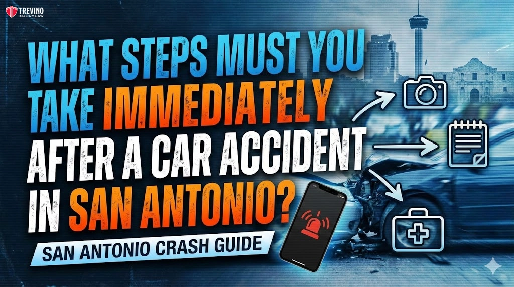A graphic with a crashed car background and text: “What steps must you take immediately after a car accident in San Antonio?” with icons for taking photos, writing notes, calling for help, and a first aid kit. Banner below reads, "San Antonio Crash Guide.
