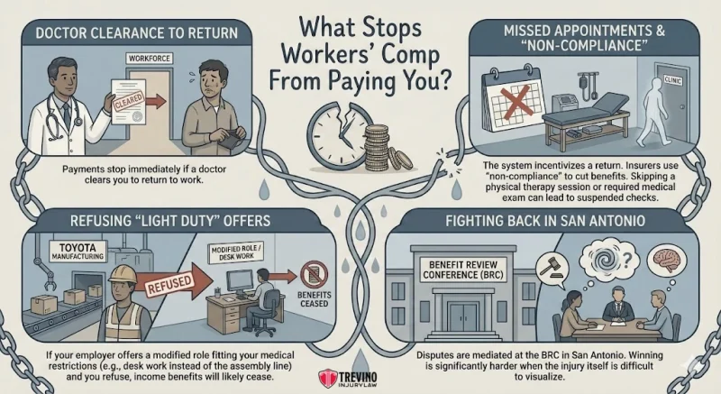 An infographic titled “What Stops Workers’ Comp From Paying You?” shows four illustrated scenarios: doctor clearance to return, missed appointments, refusing “light duty” offers, and fighting back in San Antonio, each with related images and brief explanatory text.