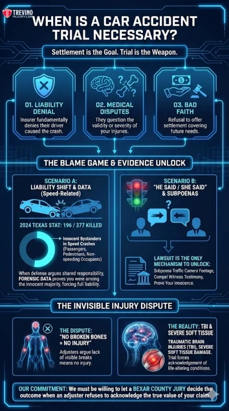 When-is-a-car-accident-trial-necesary. Infographic titled “When Is a Car Accident Trial Necessary?” explains reasons for trials: liability denial, medical disputes, and bad faith. Shows blame scenarios, Texas stats, lawsuit necessity, invisible injury dispute, and attorney commitment at the bottom.