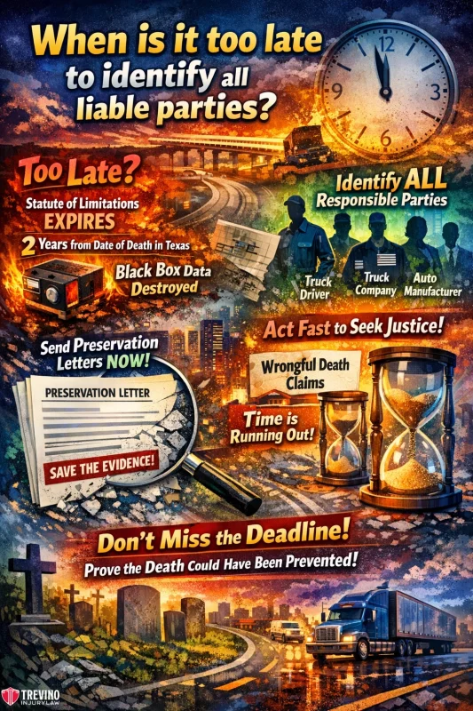 When-is-to-late-to-identify-all-liable-parties. A dramatic infographic warns about deadlines for identifying liable parties after a wrongful death in Texas. Elements include clocks, hourglasses, legal documents, trucks, and text emphasizing the 2-year statute of limitations, evidence preservation, and timely legal action.