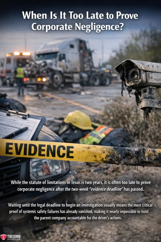 When-is-to-late-to-prove-corporate-negligence. A smashed guardrail and damaged truck are behind yellow "EVIDENCE" tape. In the background, workers in safety gear examine the crash site. Text explains how Texas’s two-week “evidence deadline” can make it hard to prove corporate negligence after truck accidents.