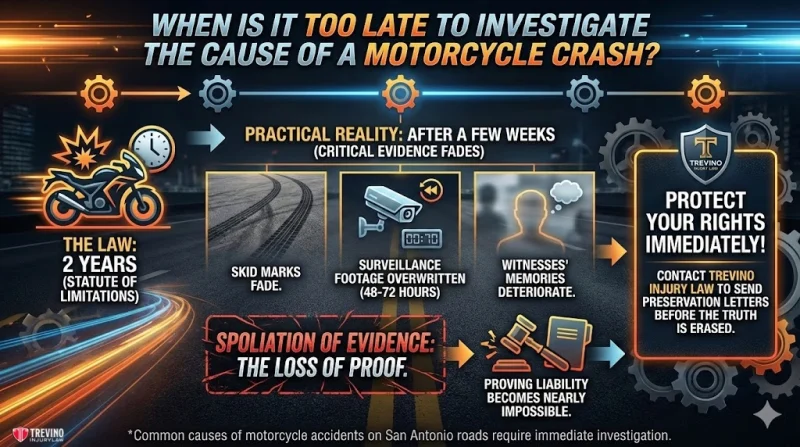 When-is-too-late-to-investigate-the-cause-of-a-motorcycle-crash. Infographic explains why quick investigation after motorcycle accidents in San Antonio is crucial. It highlights common causes, fading evidence like skid marks and surveillance, and urges immediate legal help to protect rights and preserve evidence.