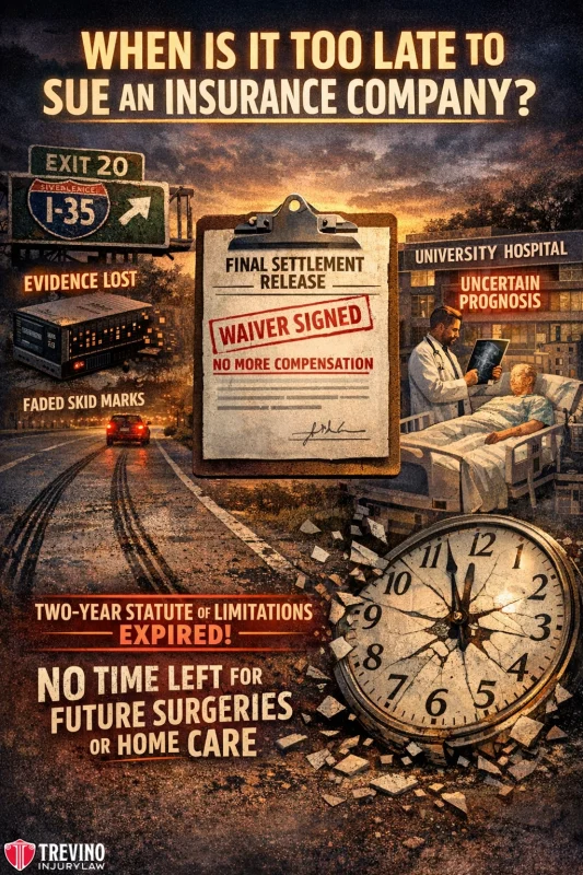 When-is-too-late-to-sue-an-insurance-company. A dramatic illustration shows a clock, a hospital, a faded car crash scene, and legal documents. Text warns about evidence loss, prognosis uncertainty, expired statute of limitations, and no time left to sue or receive compensation after signing a waiver.