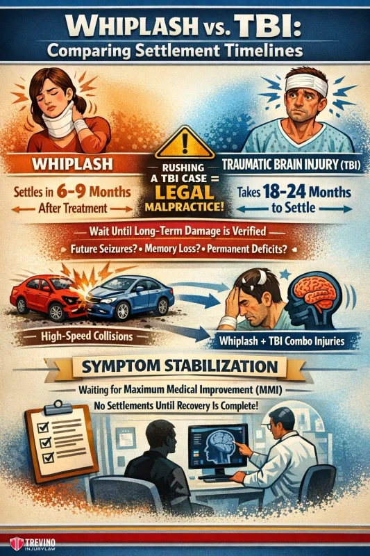 Whisplash-vs-tbi-comparing-settlement-timelines. Infographic compares whiplash and traumatic brain injury (TBI) settlement timelines. Whiplash settles in 6–9 months; TBI takes 18–24 months. Features icons: injured people, car crash, brain scan, and text on symptom stabilization and legal processes.