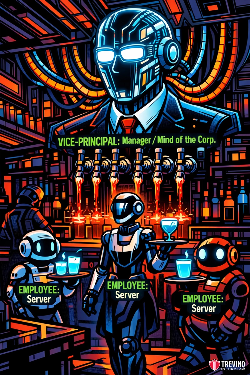 Who Counts as an Employee Under the Safe Harbor Defense. A futuristic bar scene with three robot servers holding drinks, labeled "EMPLOYEE: Server." Behind them, a large robotic figure in a suit labeled "VICE-PRINCIPAL: Manager / Mind of the Corp." The background features colorful pipes and drink dispensers.