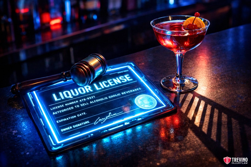Who Is Legally Defined as a Provider Under the Texas Dram Shop Act. A glowing liquor license, a judge’s gavel, and a red cocktail with a lemon slice and cherry garnish are displayed on a dimly lit bar counter, reflecting vibrant neon blue and pink lights. The Trevino Injury Law logo appears in the bottom right corner.