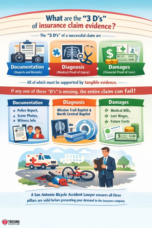 Wht-are-the-3ds-of-insurance-claim-evidence. An infographic explains the "3 D's" of insurance claim evidence: Documentation (reports, photos), Diagnosis (medical proof), and Damages (financial proof). It features icons and illustrations of police, doctors, and bicycles, with highlighted text and colorful graphics.