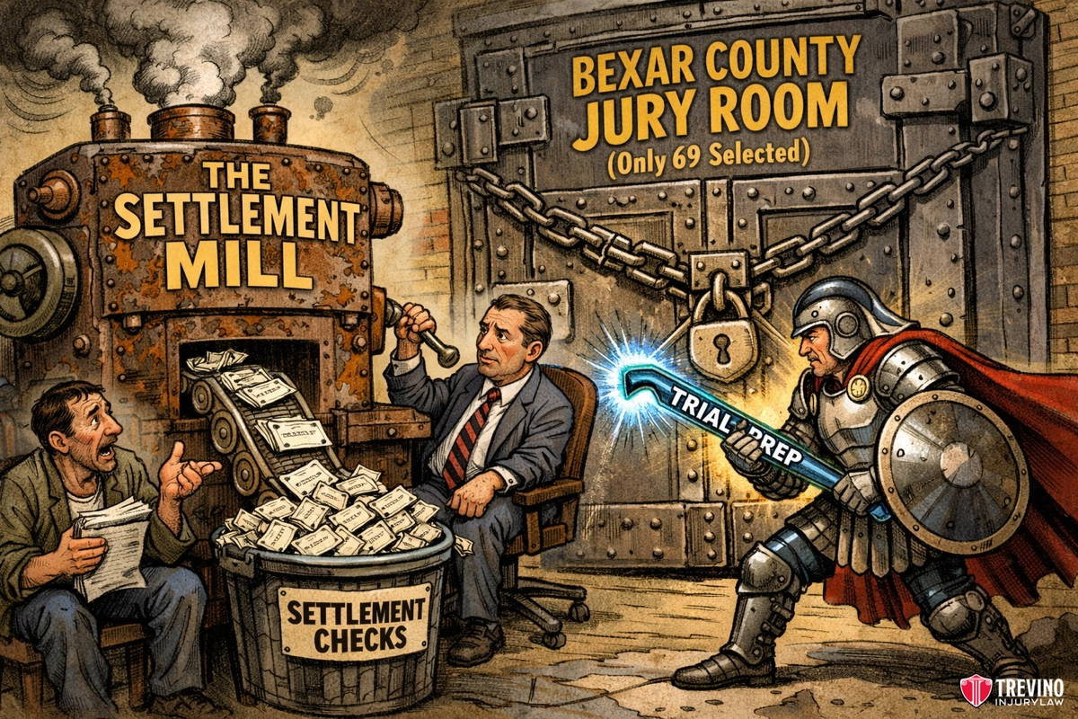 Why Are Slip and Fall Cases Hard to Win in Texas. A man in a suit rapidly stamps “settlement checks” at a machine labeled “The Settlement Mill,” handing them to a worried man with paperwork. A locked door marked “Bexar County Jury Room” is guarded by an armored knight blocking entry with a shield labeled “Trial Prep.”.