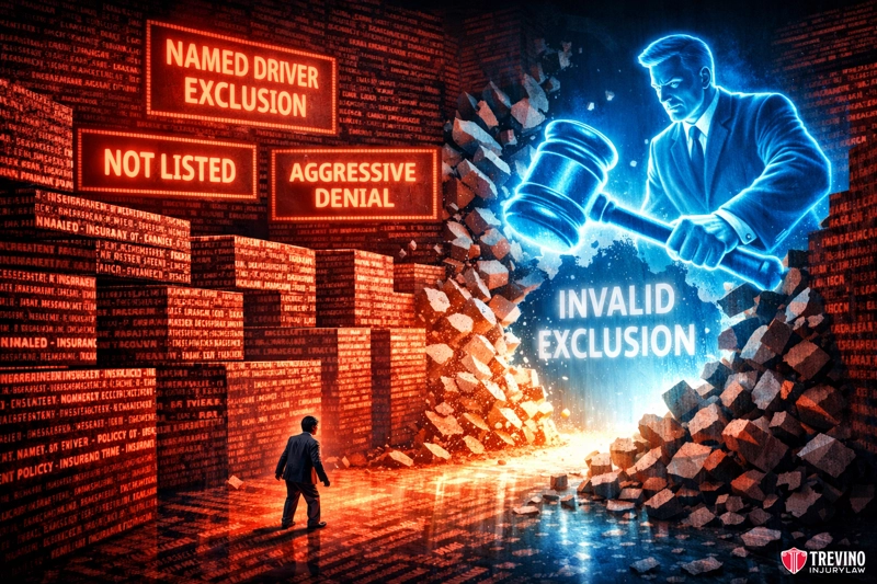 Why You Need a Bad Faith Lawyer to Fight Fred Loya and Non Standard Carriers. A small figure stands before walls of red text, featuring phrases like “NAMED DRIVER EXCLUSION,” “NOT LISTED,” and “AGGRESSIVE DENIAL.” A large blue judge with a gavel smashes through the wall, revealing the words “INVALID EXCLUSION.” Trevino Injury Law’s logo is visible.