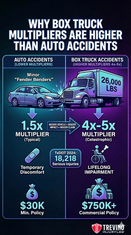 Why-box-truck-multipliers-are-higher-than-auto-accidents. Infographic comparing auto accidents (minor, 1.5x multiplier, temp discomfort, $30K policy) to box truck accidents (catastrophic, 4x–5x multiplier, lifelong impact, 26,000 lbs, $750K+ policy). Includes a car, truck, and icons for injury and money.