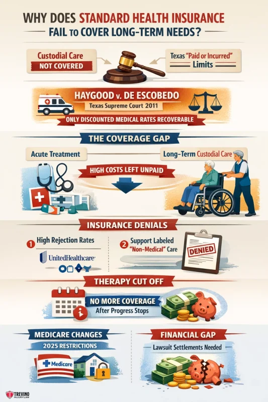 Why-does-standard-health-insurance-fail-to-cover-long-term-needs. Infographic explaining why standard health insurance doesn’t cover long-term care needs, showing legal cases, denied insurance claims, high costs, “not covered” notices, an elderly person in a wheelchair, therapy cut off, and Medicare and financial gaps with icons and text.