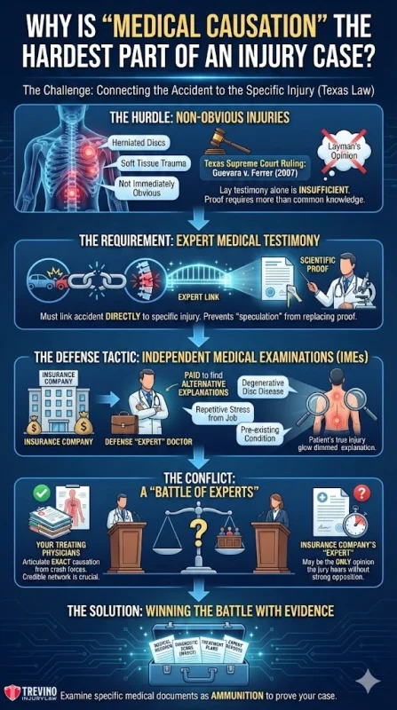 Why-is-a-medical-causation-the-hardest-part-of-an-injury-case_. Infographic explaining why "medical causation" is challenging in injury cases. It shows hurdles (non-obvious injuries), need for expert testimony, role of independent medical exams, battle of experts, and emphasizes using medical evidence to win cases.
