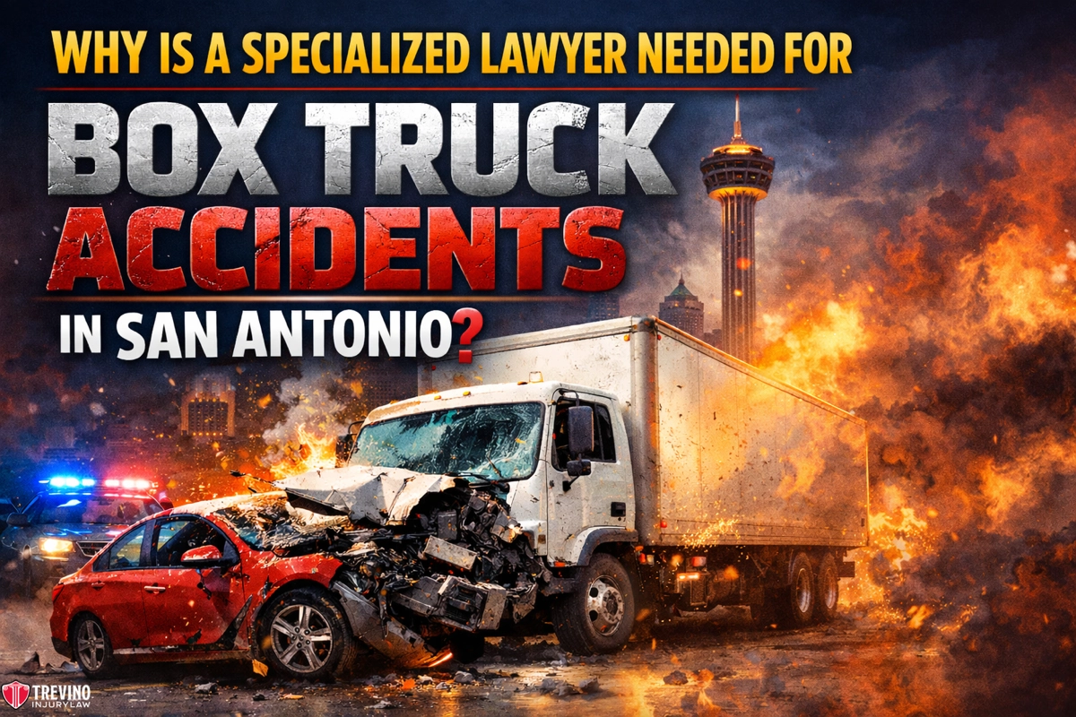 Why-is-a-specialized-lawyer-needed-for-box-truck-accidents. A white box truck crashes into a red car amid flames and smoke on a city street at night. The San Antonio Tower is visible in the background. Bold text asks why a specialized lawyer is needed for box truck accidents in San Antonio.