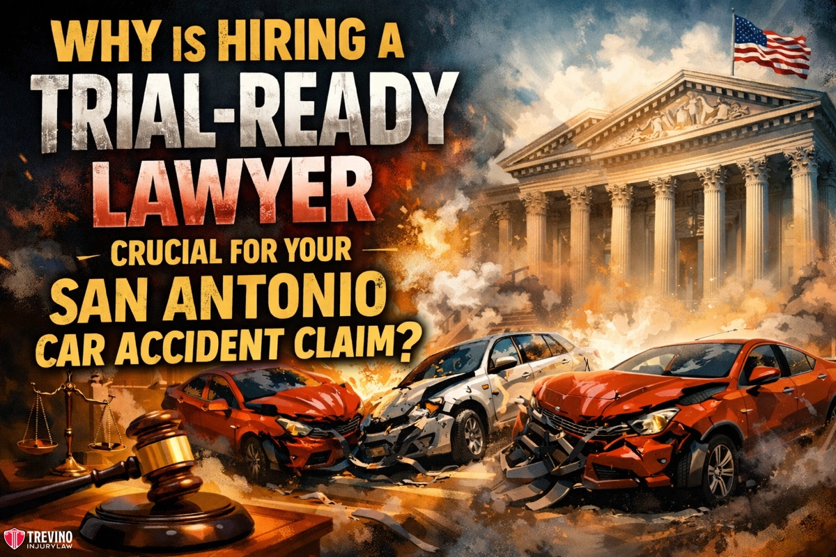 A dramatic graphic shows two crashed cars in front of a courthouse with an American flag. Bold text reads: “Why is hiring a trial-ready lawyer crucial for your San Antonio car accident claim?” A judge’s gavel and the Trevino Injury Law logo appear at the bottom.