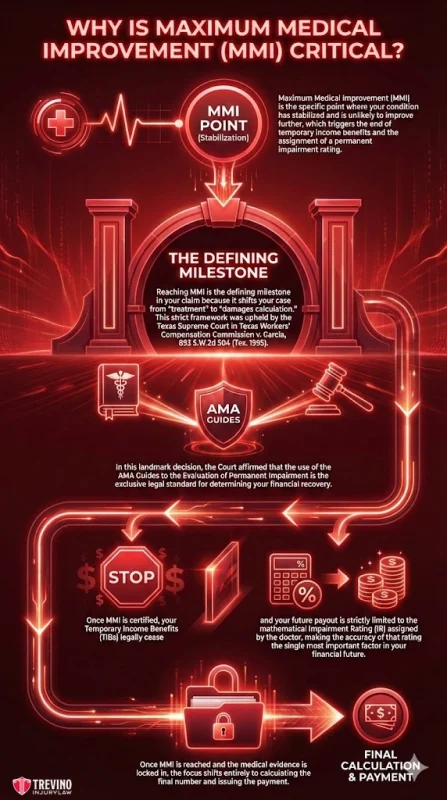 Infographic explaining Maximum Medical Improvement (MMI) with red and black graphics. Arrows connect MMI definition, the defining milestone, legal references, and implications: stopping care authorization, possible settlement, and final calculation and payment after MMI.