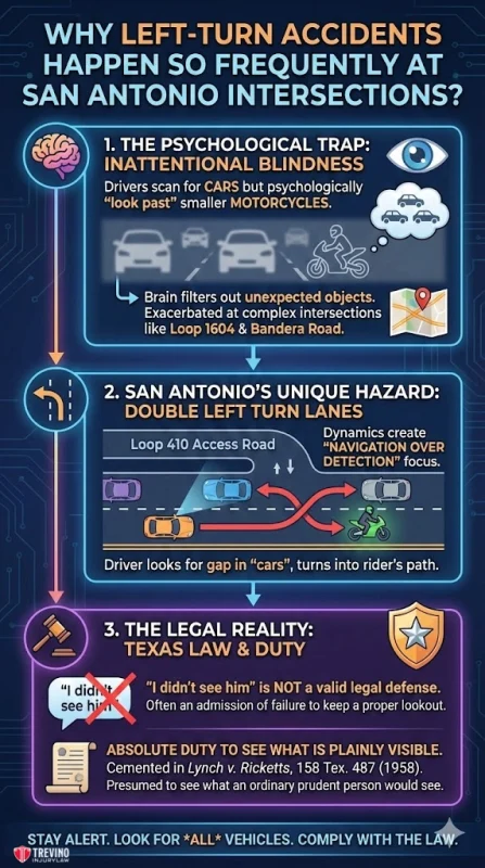Why-left-turn-accidents-happen-so-frequently-in-San-Antonio. Infographic explaining why left-turn accidents are common in San Antonio: shows inattentional blindness to motorcycles, unique hazards at turn lanes, and Texas laws about legal liability. Includes icons, arrows, diagrams, and warning: “Stay alert. Look for all vehicles.”.