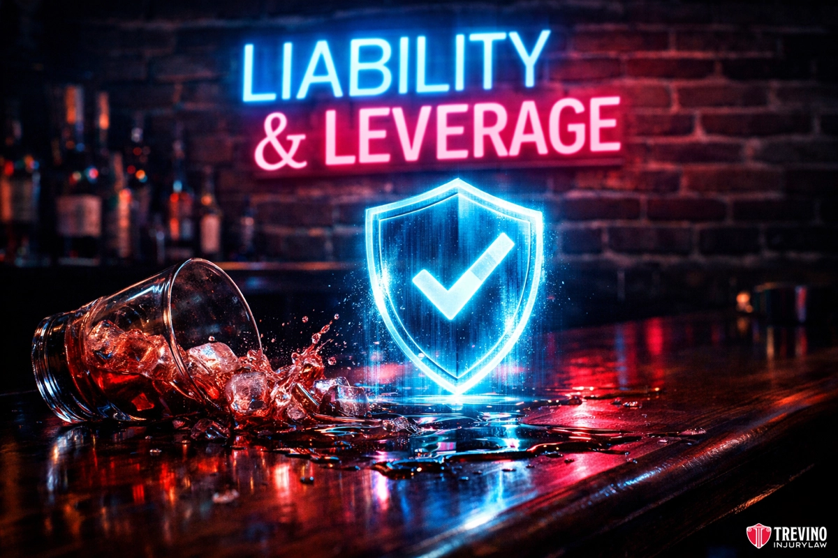 A spilled glass with melting ice lies on a wet bar counter. Behind it, bottles are blurred, and neon blue and pink words read "LIABILITY & LEVERAGE." A glowing check-mark shield graphic floats at center. Treviño Injury Law’s logo appears in the bottom right.
