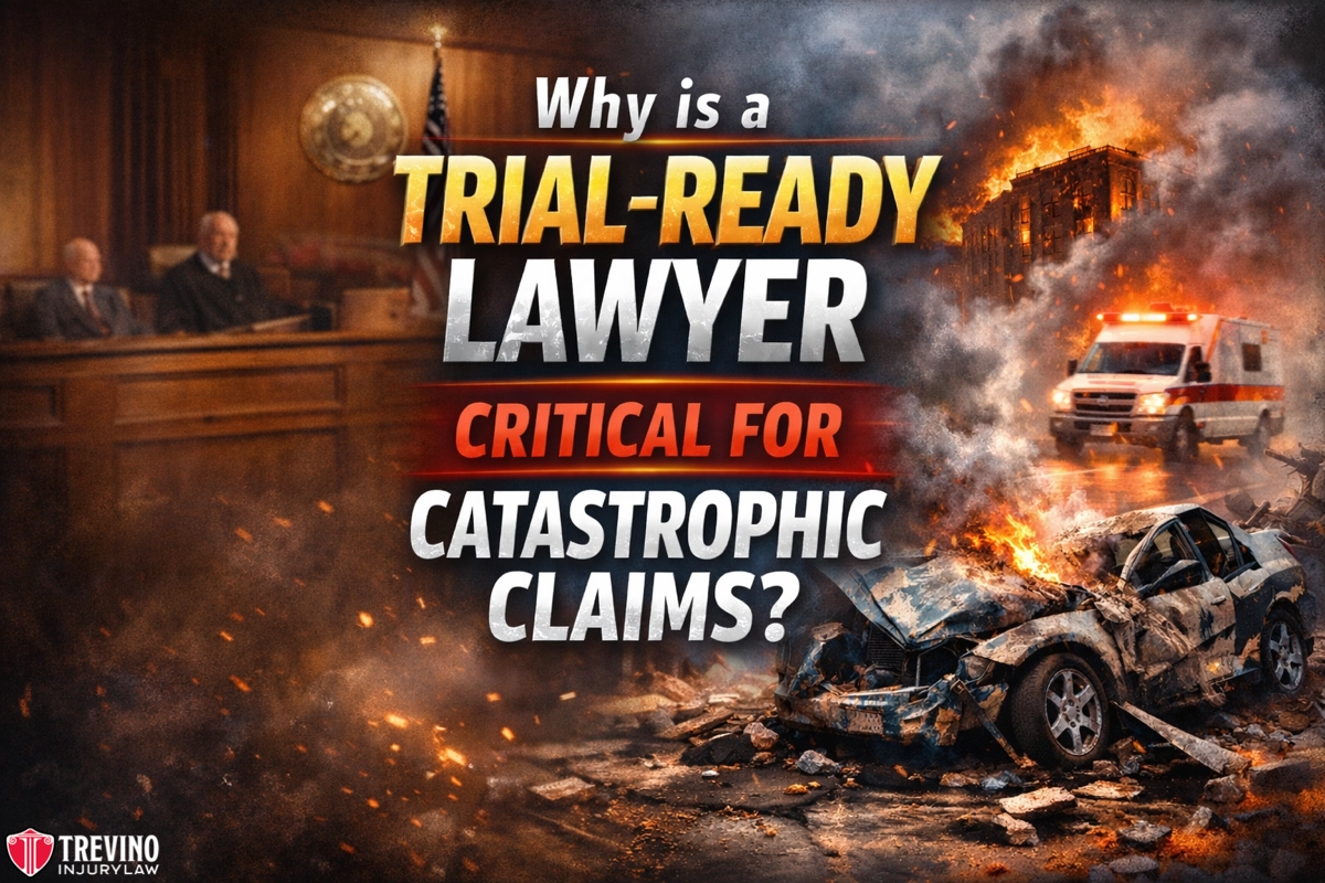 Why-us-a-trial-ready-lawyer-critical-for-catastrophic-claim A dramatic scene shows a burning, wrecked car and an ambulance at night, blending into a courtroom with a judge. Bold text reads: “Why is a trial-ready lawyer critical for catastrophic claims?” Trevino Injury Law logo is in the lower left corner.